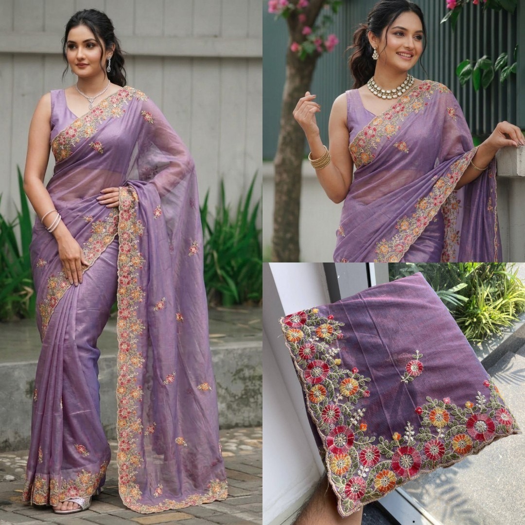 Soft Twill Net Embroidery Saree Wedding Party Wear Cutwork Saree Blouse