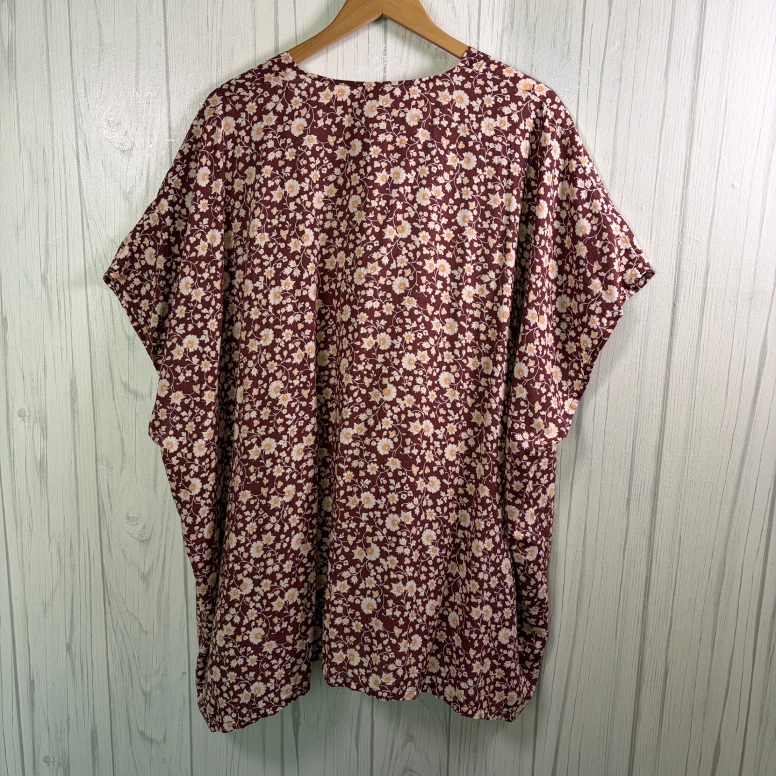 LOFT Burgundy-Brown & Beige Floral Lightweight Kimono Cottagecore Boho, M/L