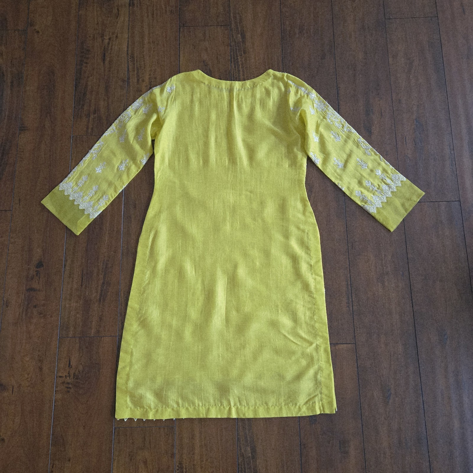 Embroidered Lime Yellow Top Shirt Long Kurti Cotton Silk Organza Size S/M