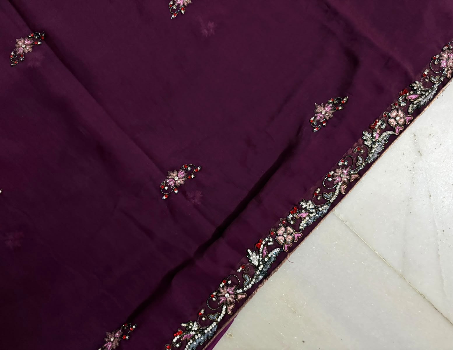 Purple Saree Indian Dress Vintage Craft Fabric Embroidered Sari Curtain Drape 5Y