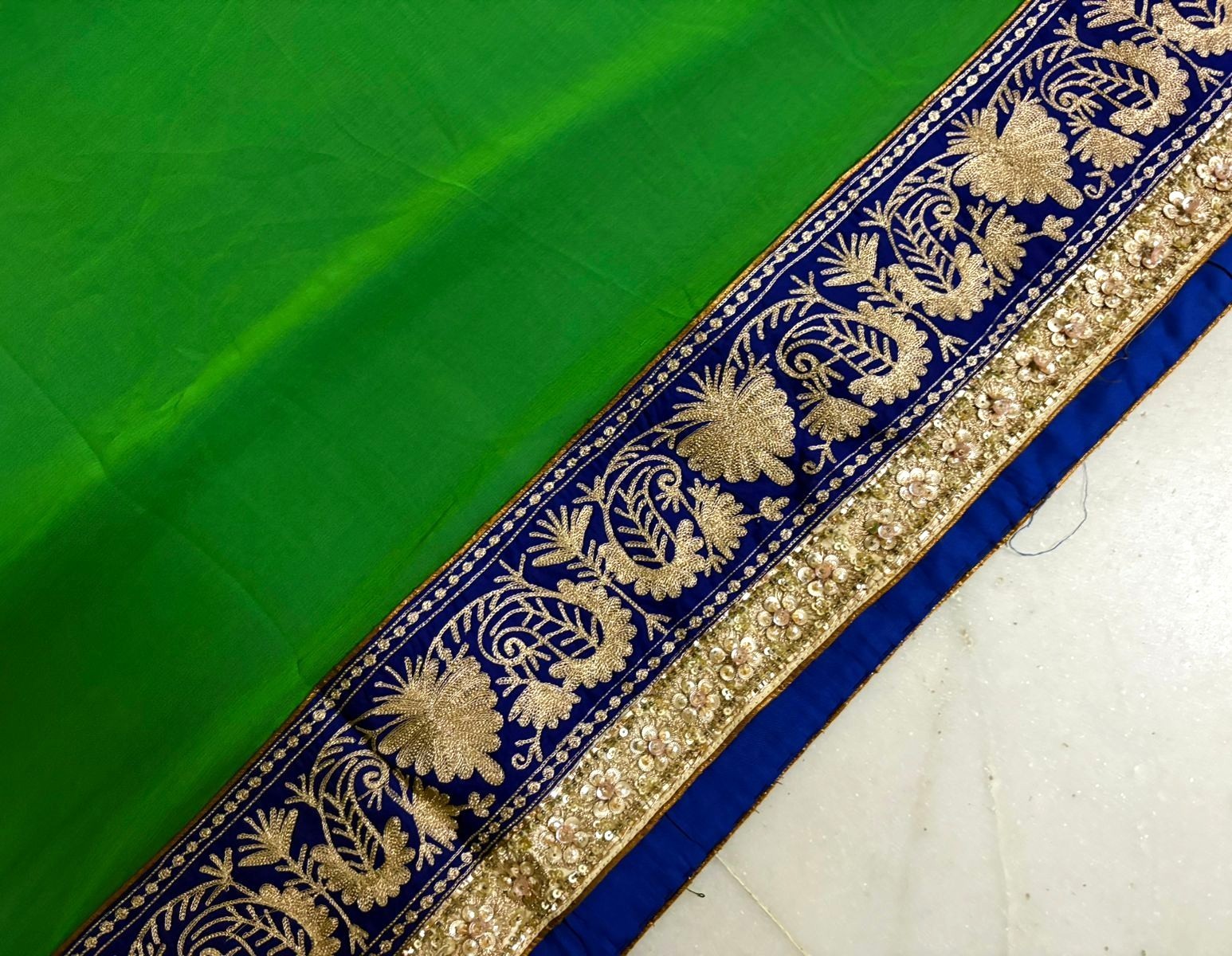 Green Georgette Saree Indian Women Wrap Embroidered Used Vintage Sari Fabric 5YD