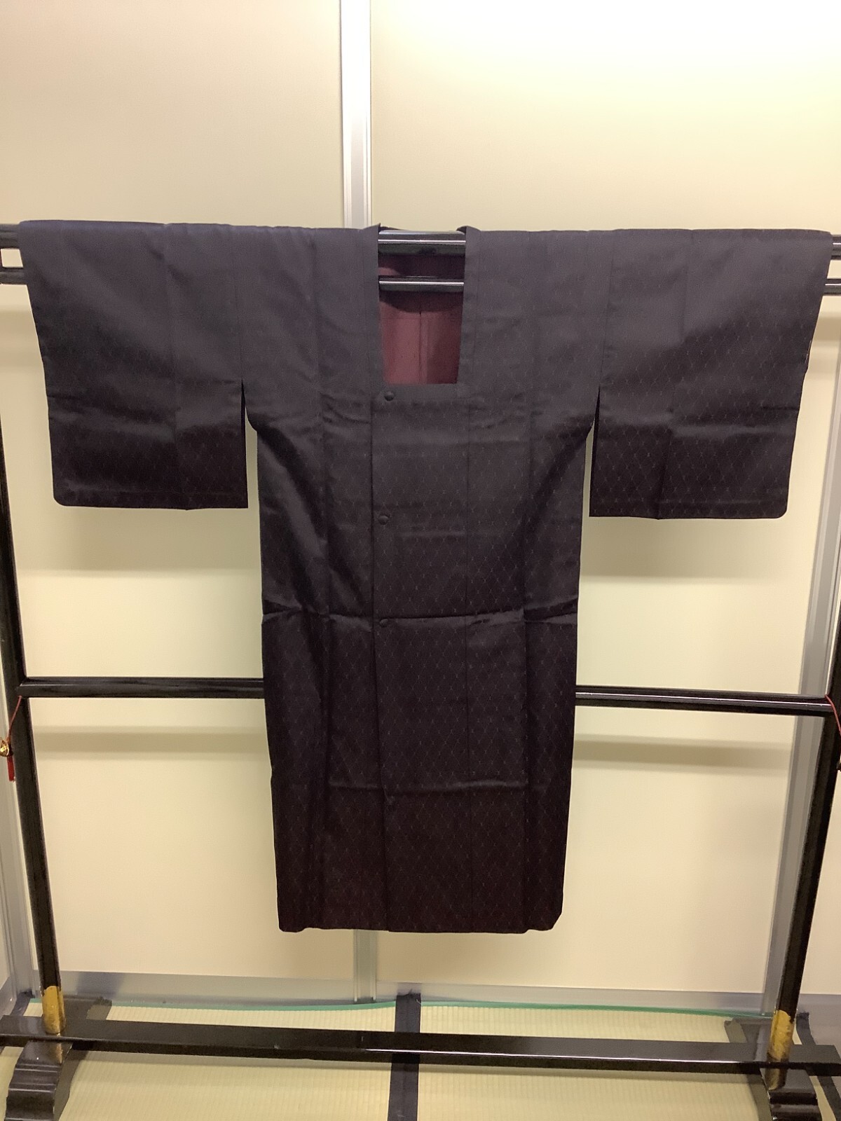 Japanese Vintage Kimono Michiyuki coat polyester black dark red long Height 49in