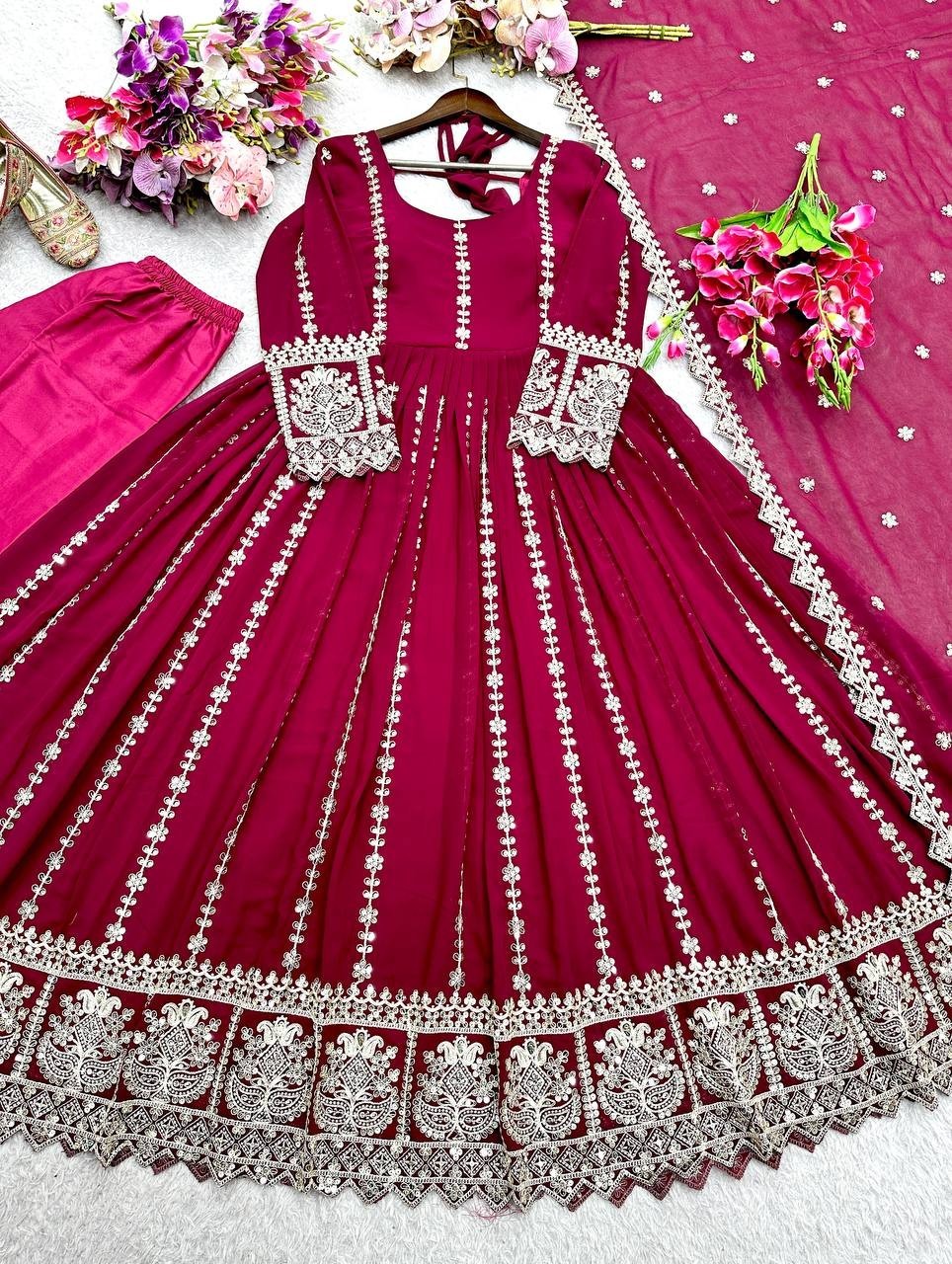 Pure Georgette Maroon Gown Bottom With Dupatta For Indian Festival Wear