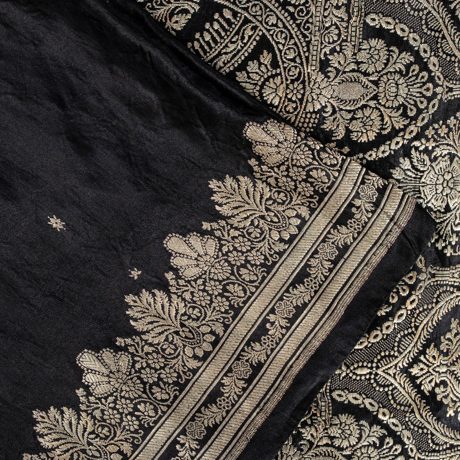 Sanskriti Vintage Black Pure Satin Saree Banarasi Brocade Zari Hand-Woven 6+Y
