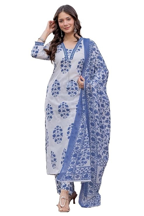 Women’s Pure Cotton Printed Straight Kurta Set with Palazzo Pants & Dupatta