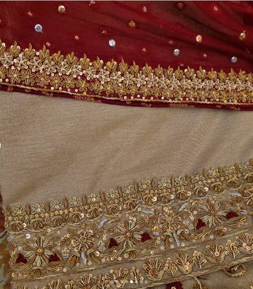 Elegant Handworked Kameez Set with Lace Border Dupatta in Deep Maroon & Beige