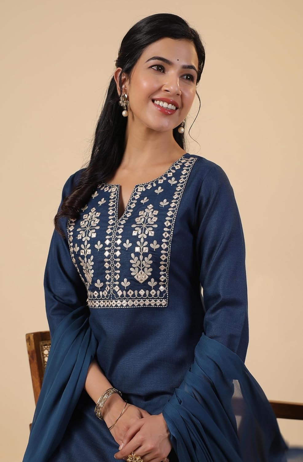 Women’s Cotton Blend Yoke Embroidered Straight Kurta Set