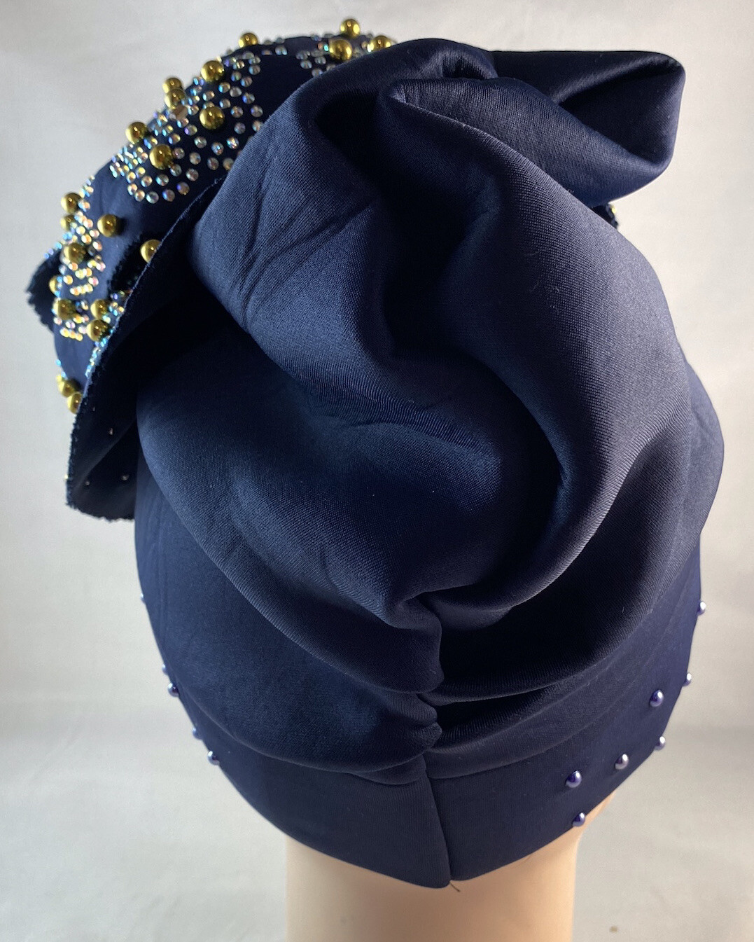 African Women Spandex Ornate Stretch Turban Hat Ladies Head Piece ~ Navy Blue
