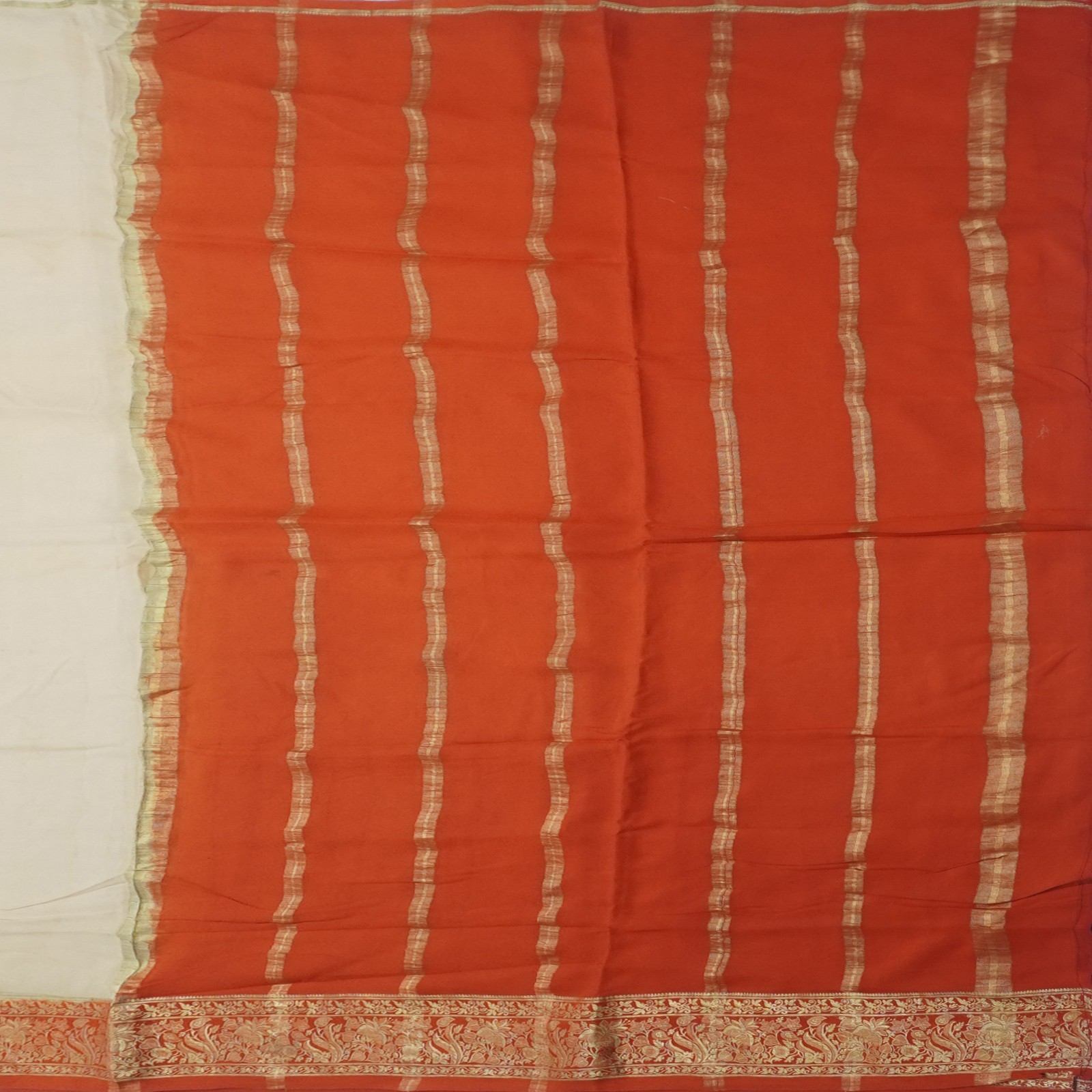 Vintage Beige Sarees 100% Pure Mysore Crepe Silk Zari Woven Sari 5YD Soft Fabric