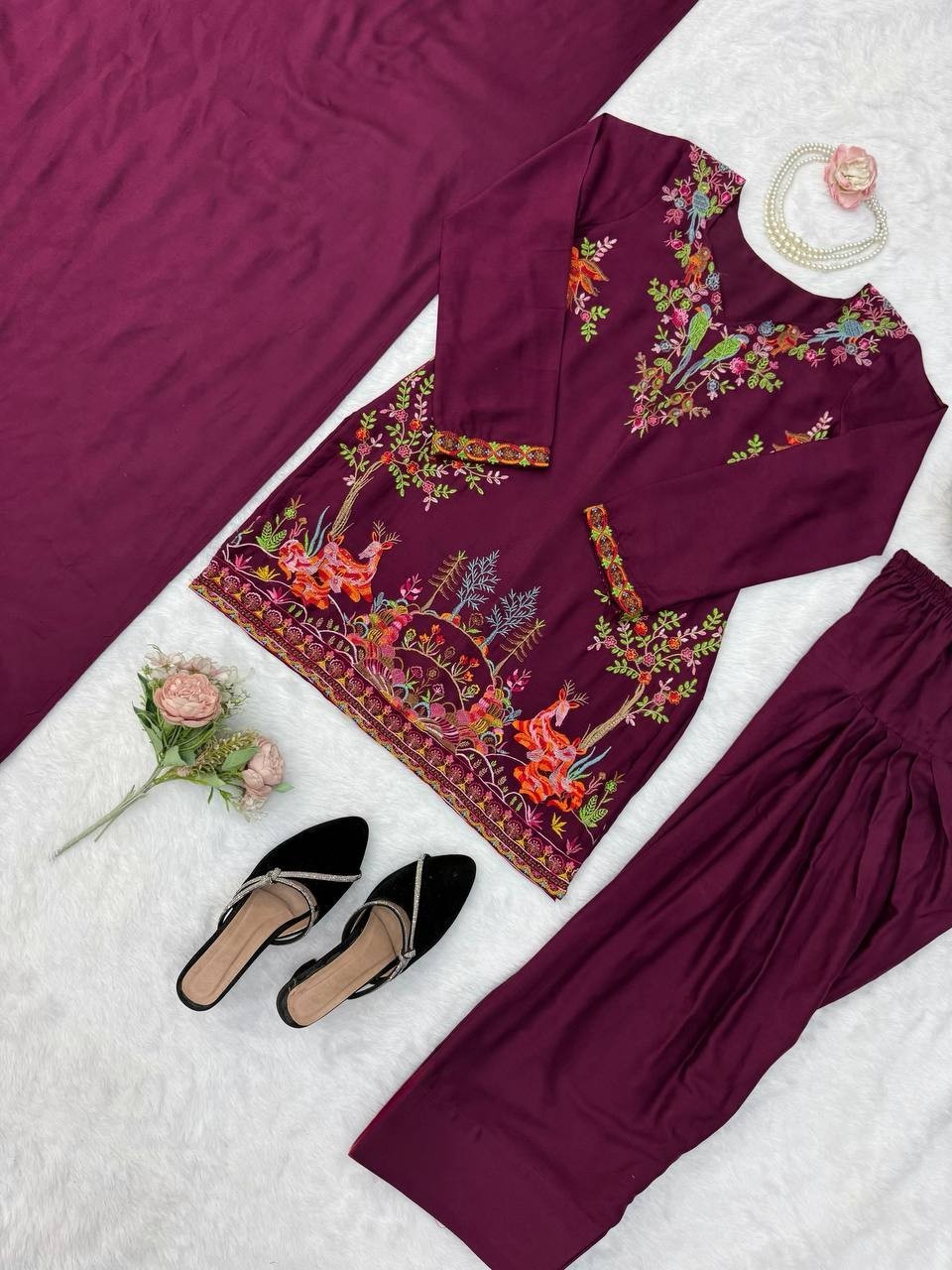 Latest New Wine Reyon Farshi Salwar Kameez With Dupatta For Women