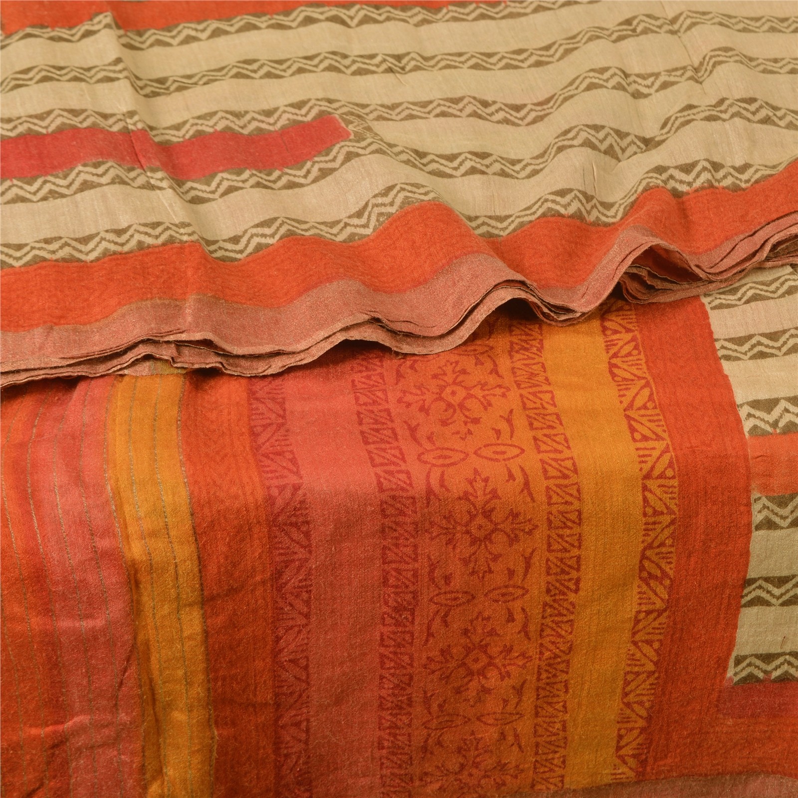 Sanskriti Vintage Indian Ivory Sarees 100% Pure Woolen Woven Fabric 5 Yard Sari