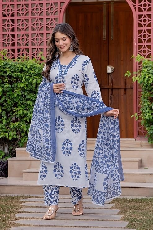 Women’s Pure Cotton Printed Straight Kurta Set with Palazzo Pants & Dupatta