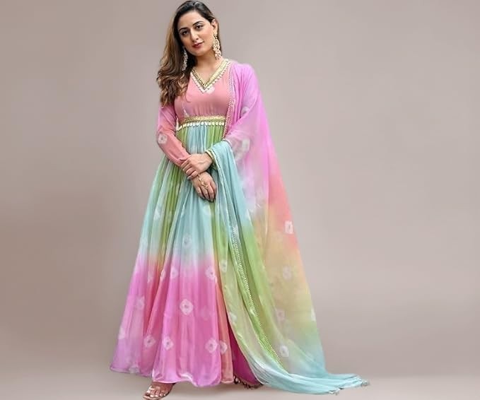 Women’s Georgette Anarkali Kurta and Dupatta Set | V Neck 3/4 Sleeves Regular