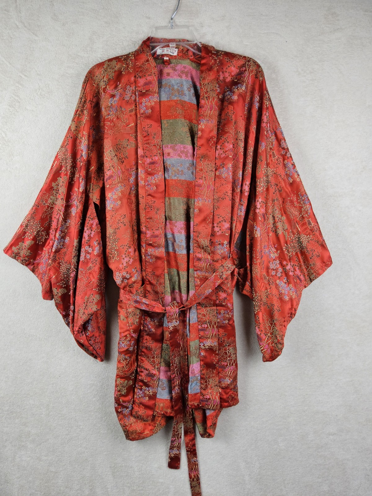 Vintage Double Peach Jacquard Chinese Kimono Robe Red Size XL
