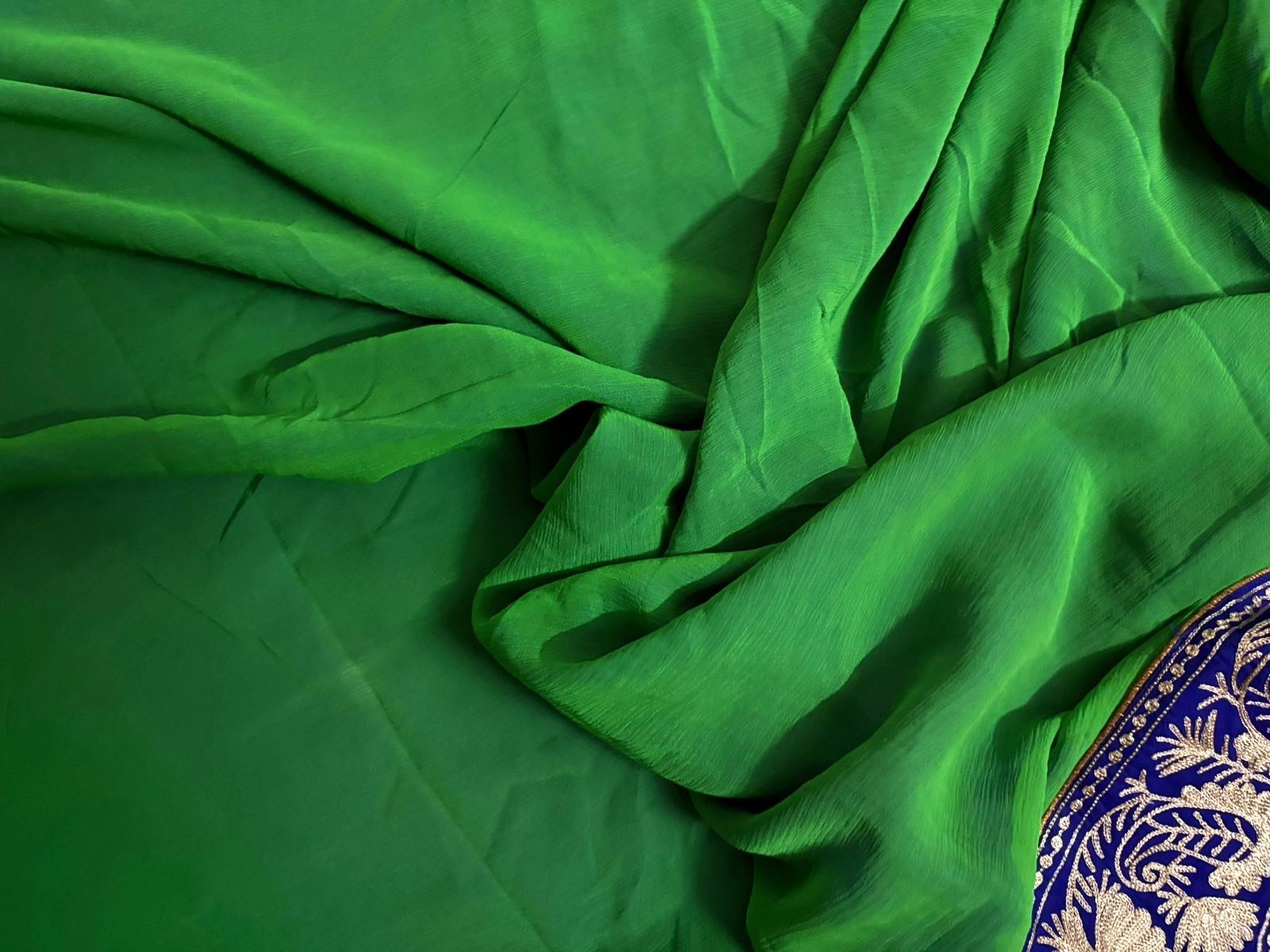 Green Georgette Saree Indian Women Wrap Embroidered Used Vintage Sari Fabric 5YD