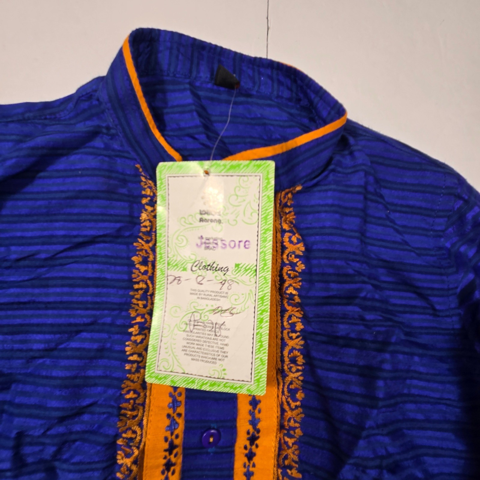 Vintage Aarong Bangladesh Boy Kurta Silk Cotton Blend Blue Orange Embroidered