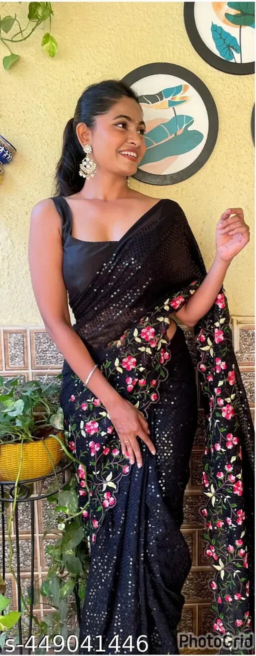 Women’s Embroidery Sequence Work Georgette Silk Saree With Solid Satin Blouse