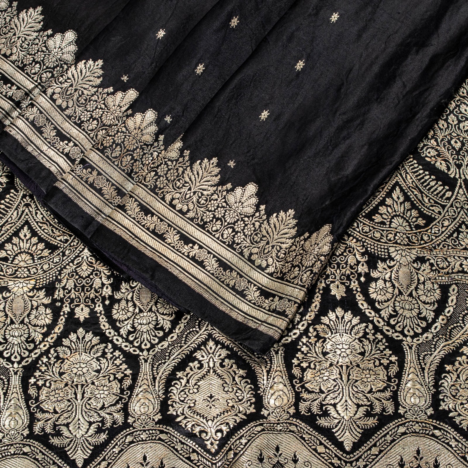 Sanskriti Vintage Black Pure Satin Saree Banarasi Brocade Zari Hand-Woven 6+Y