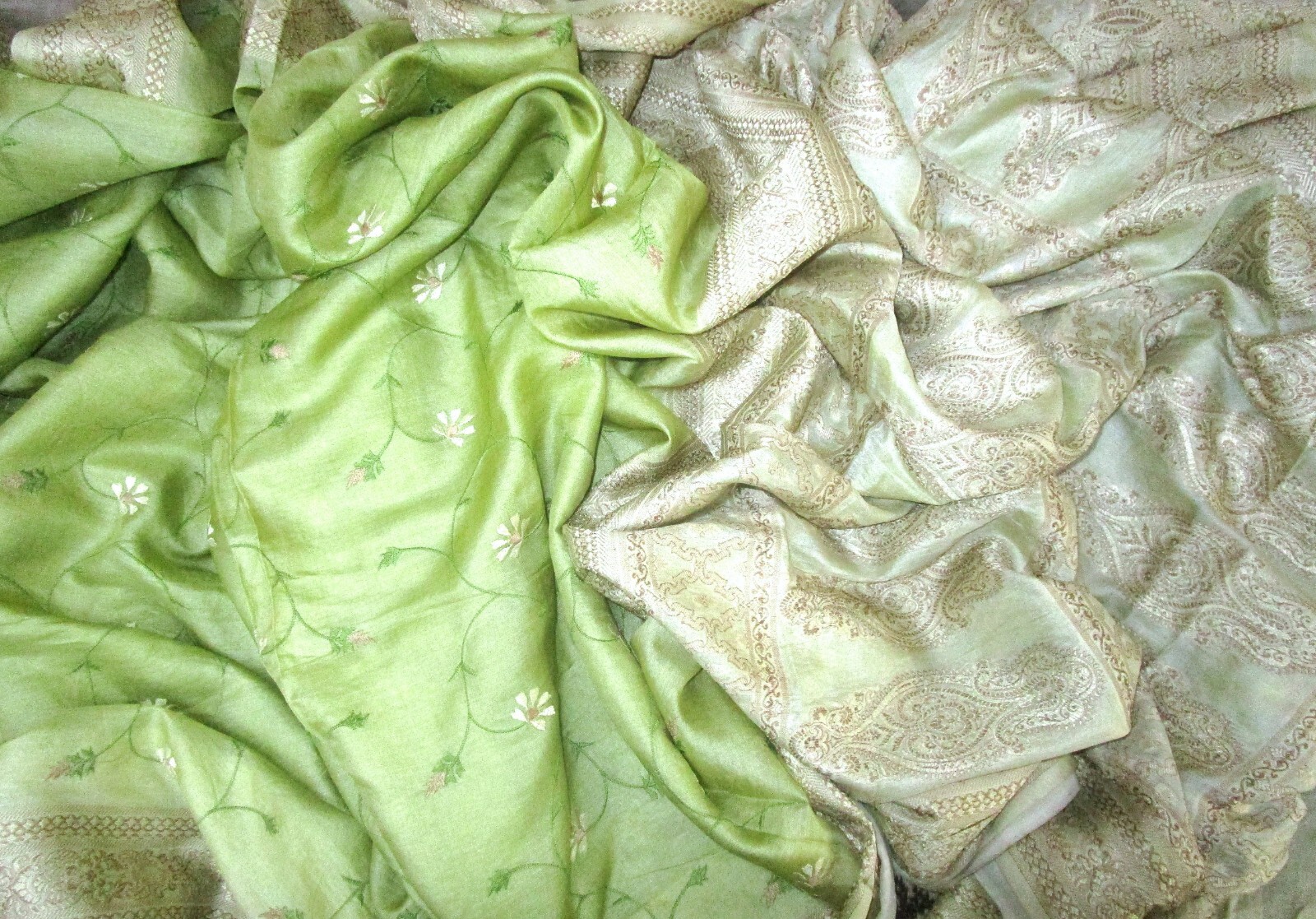 BVH WEARABLE PURE SILK Vintage Sari 5yds 22July9904 X13 E653 Pista Cream #ABCKB