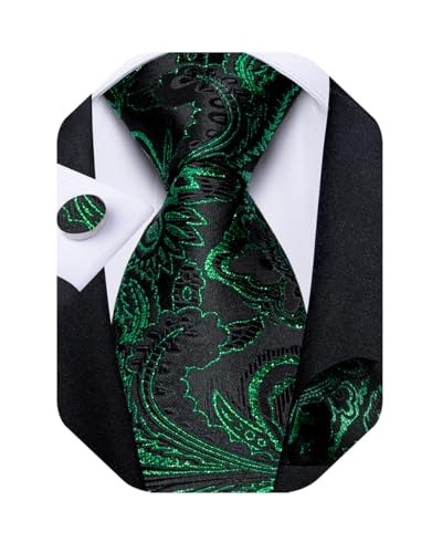 Mens Tie Set Silk Solid Paisley Necktie and Pocket Square Shiny Black Green