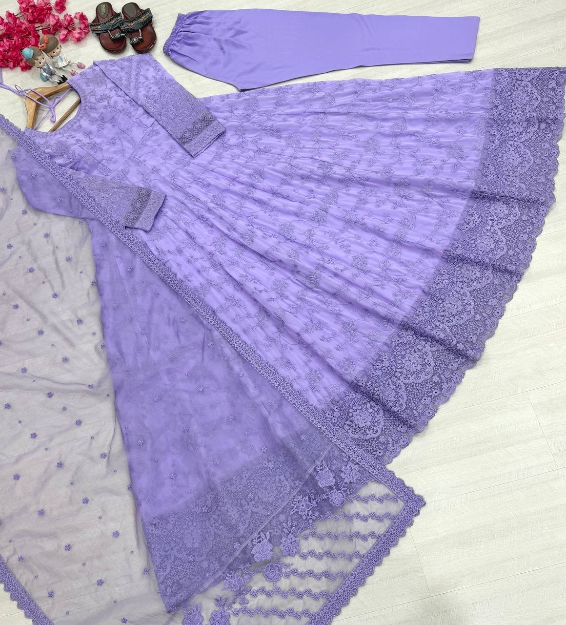 New Beautiful Lavender Faux Georgette Gown Bottom With Dupatta For Festive