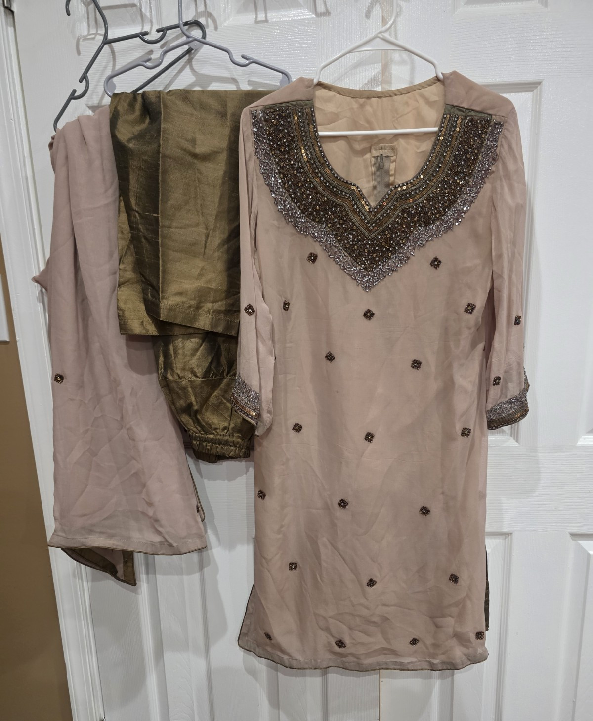 Embroidered Salwar Kameez Suit Silk Shalwar Kameez Dupatta Khaki M 19.5″ Chest