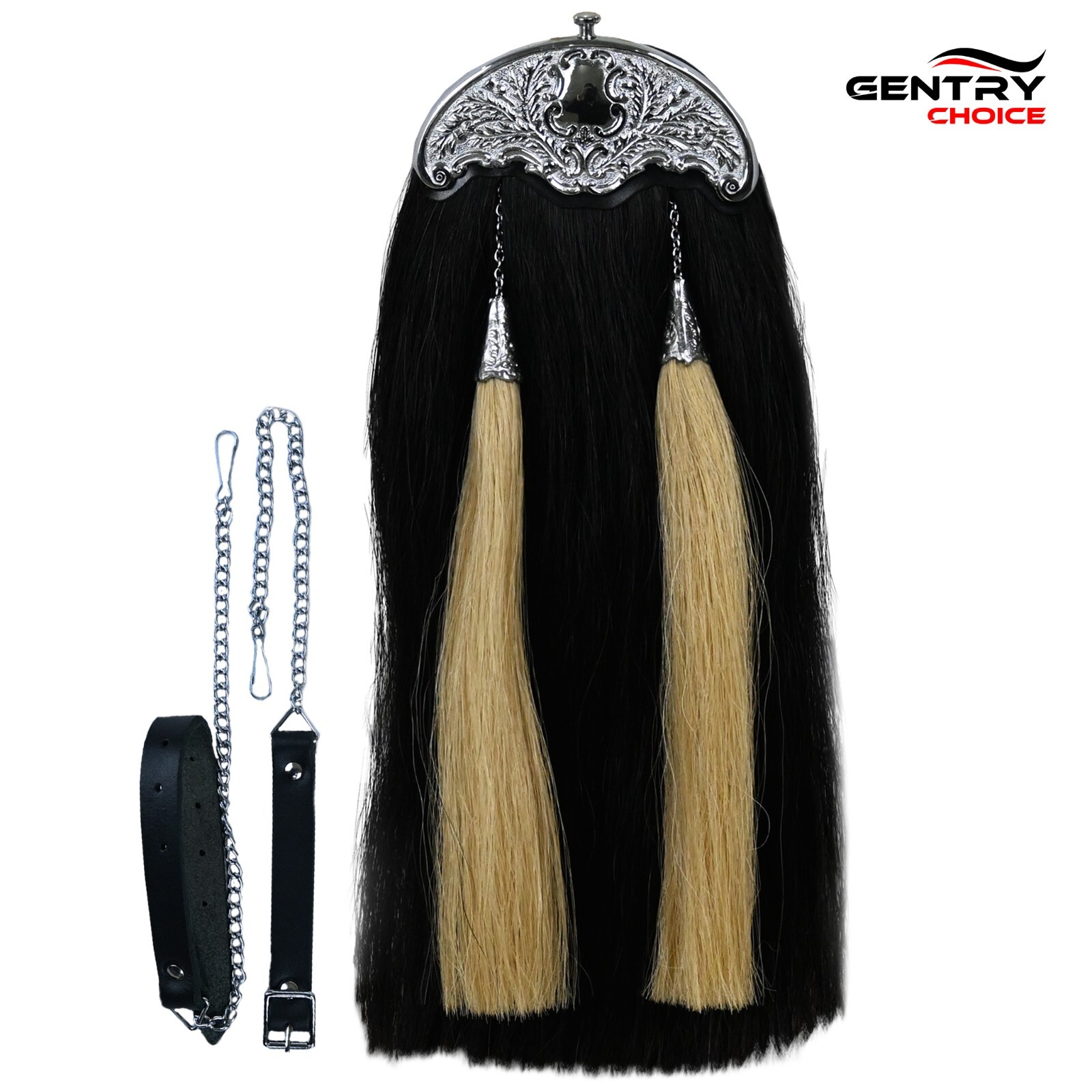 Traditional Scottish kilt sporran Real Horse Hair Sporran Black + White Tassels