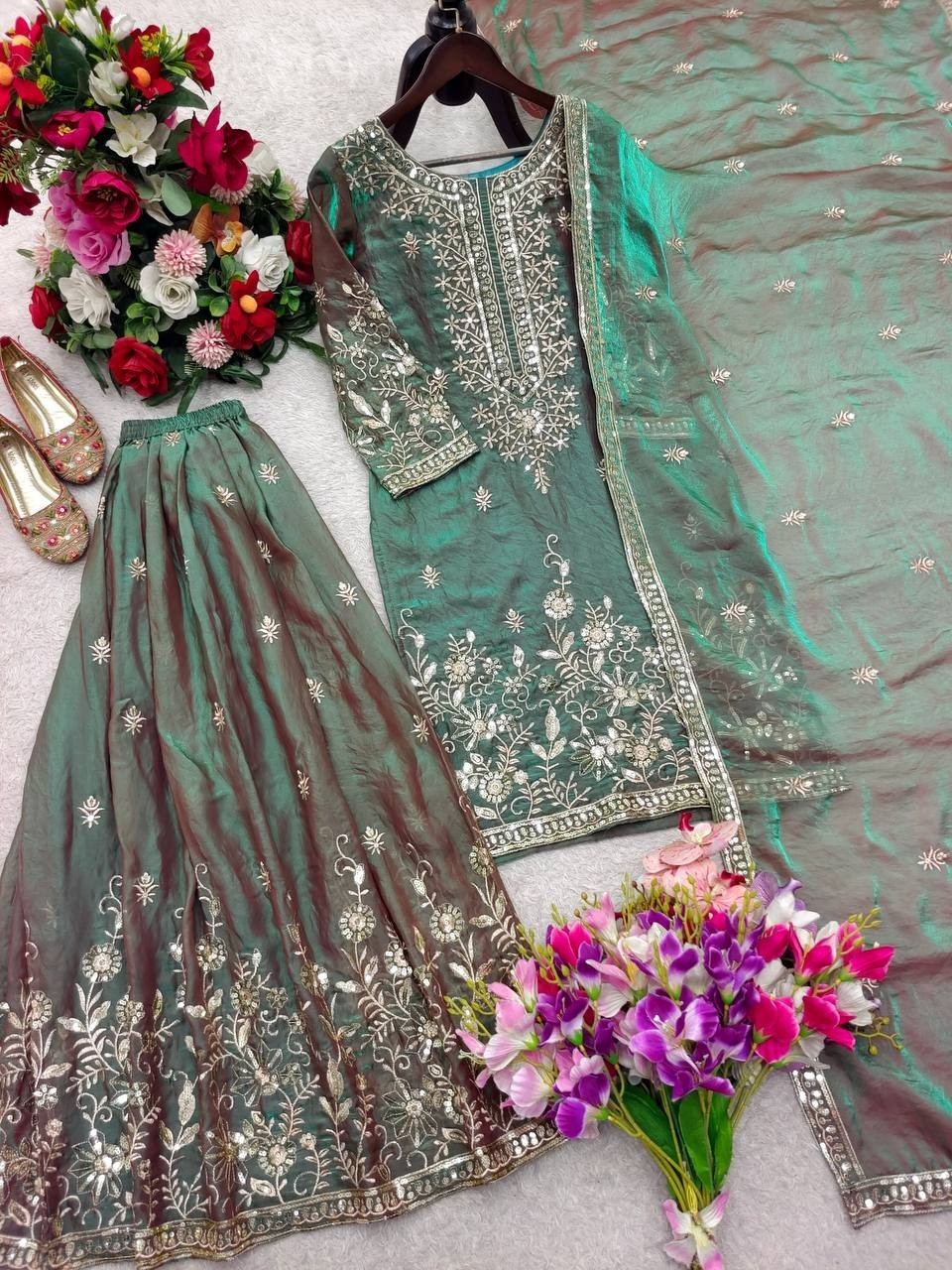 New Designer Pure Natural Crepe Silk Top Palazzo With Dupatta For Wedding Wear