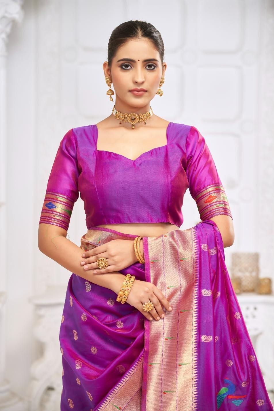 Women’s paithani silk saree with golden zari woven and blouse piece