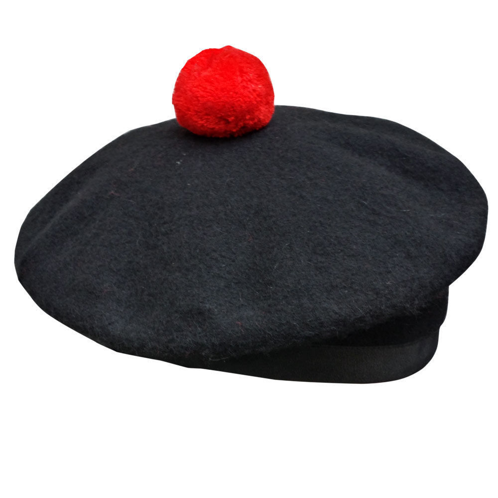 New Scottish Black Wool Blended Balmoral plain & Dice Hat With Red Pompom on Top