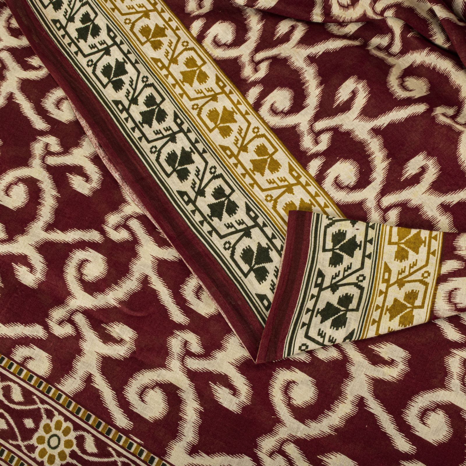 Sanskriti Vintage Saree Red 100% Pure Cotton Ikat-Jamdani Print Sari 5+Yd Fabric