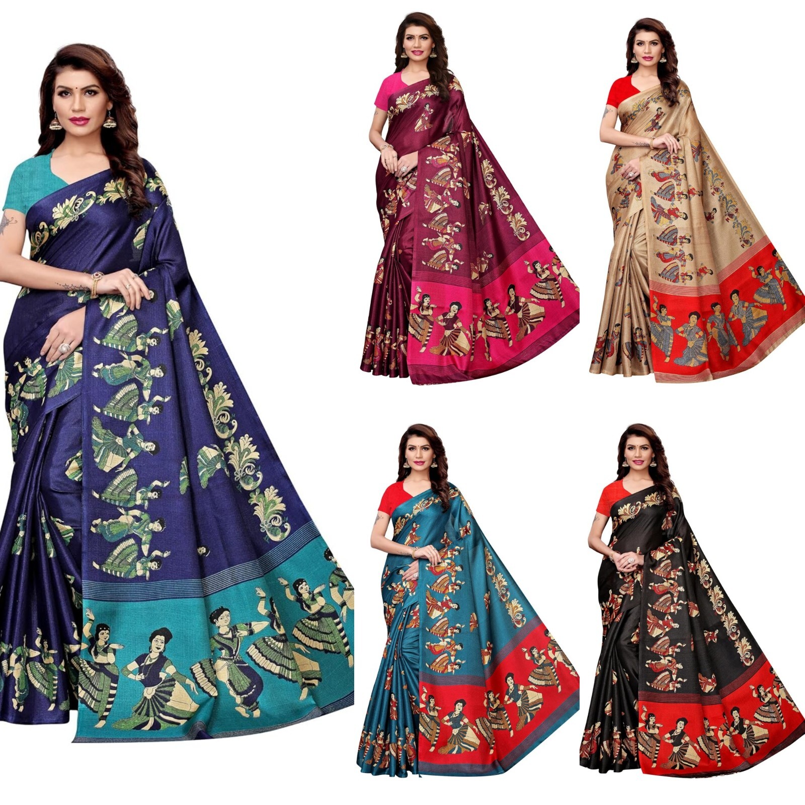 women’s art silk kalamkari and bhagalpuri style saree with blouse piece