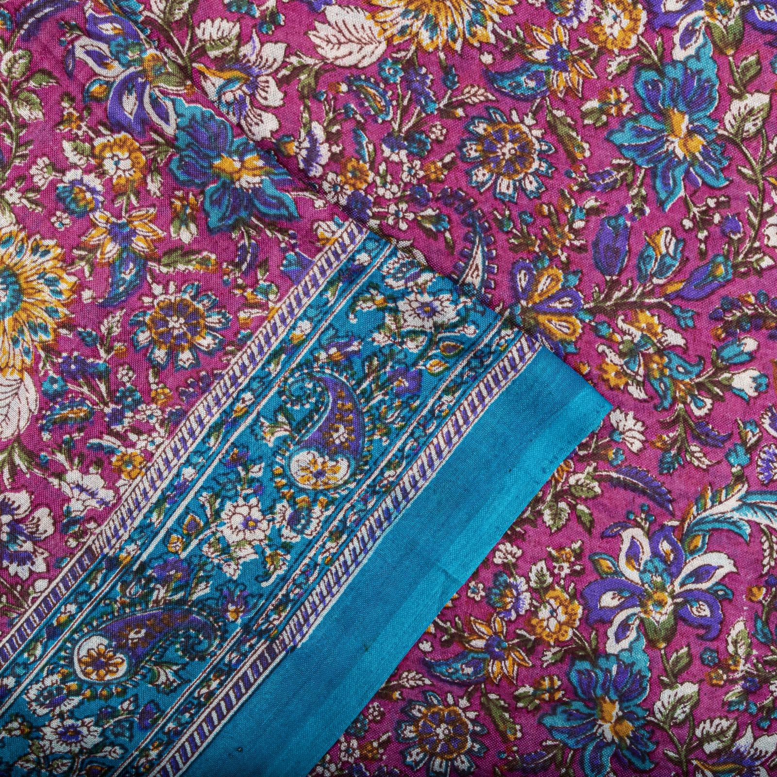 Sanskriti Vintage Saree Pink-Blue Pure Cotton Floral Printed Sari Fabric 5+Yard