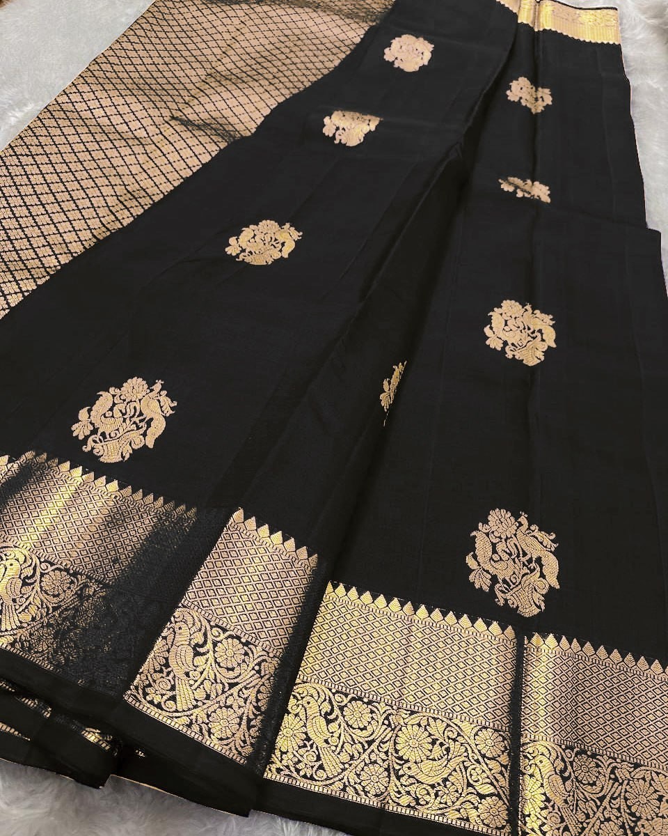 Bold & Black Gold Silk Saree Traditional Wedding Party Wear