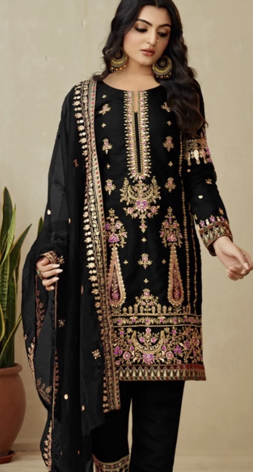 Pakistani Traditional Black Fancy Cotton Organza Embroidered! L Sz