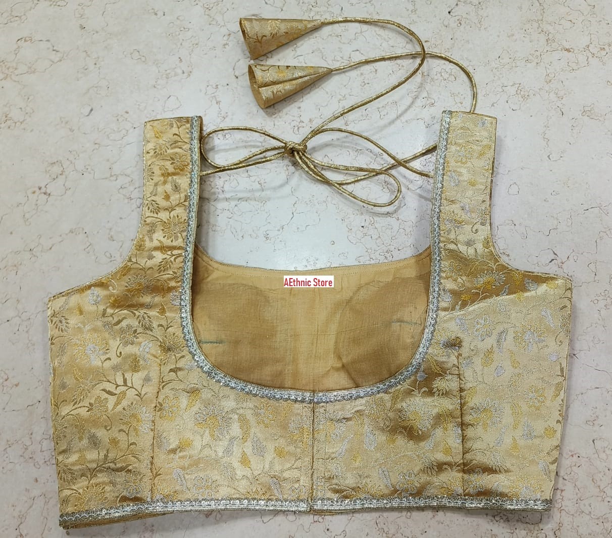 Golden Brocade Silk Saree Blouse Round Neck, Zari Lace, Sleeveless size 32 to 42