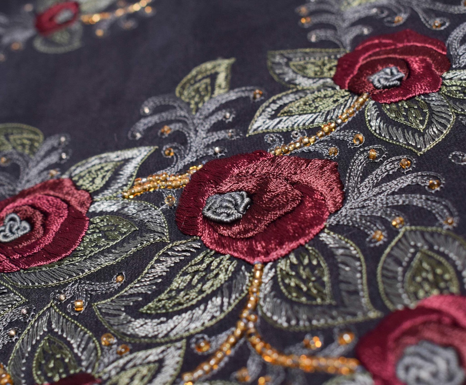 Sushila Vintage HEAVY Black Saree Pure Crepe Silk Hand Embroidered Sari Fabric