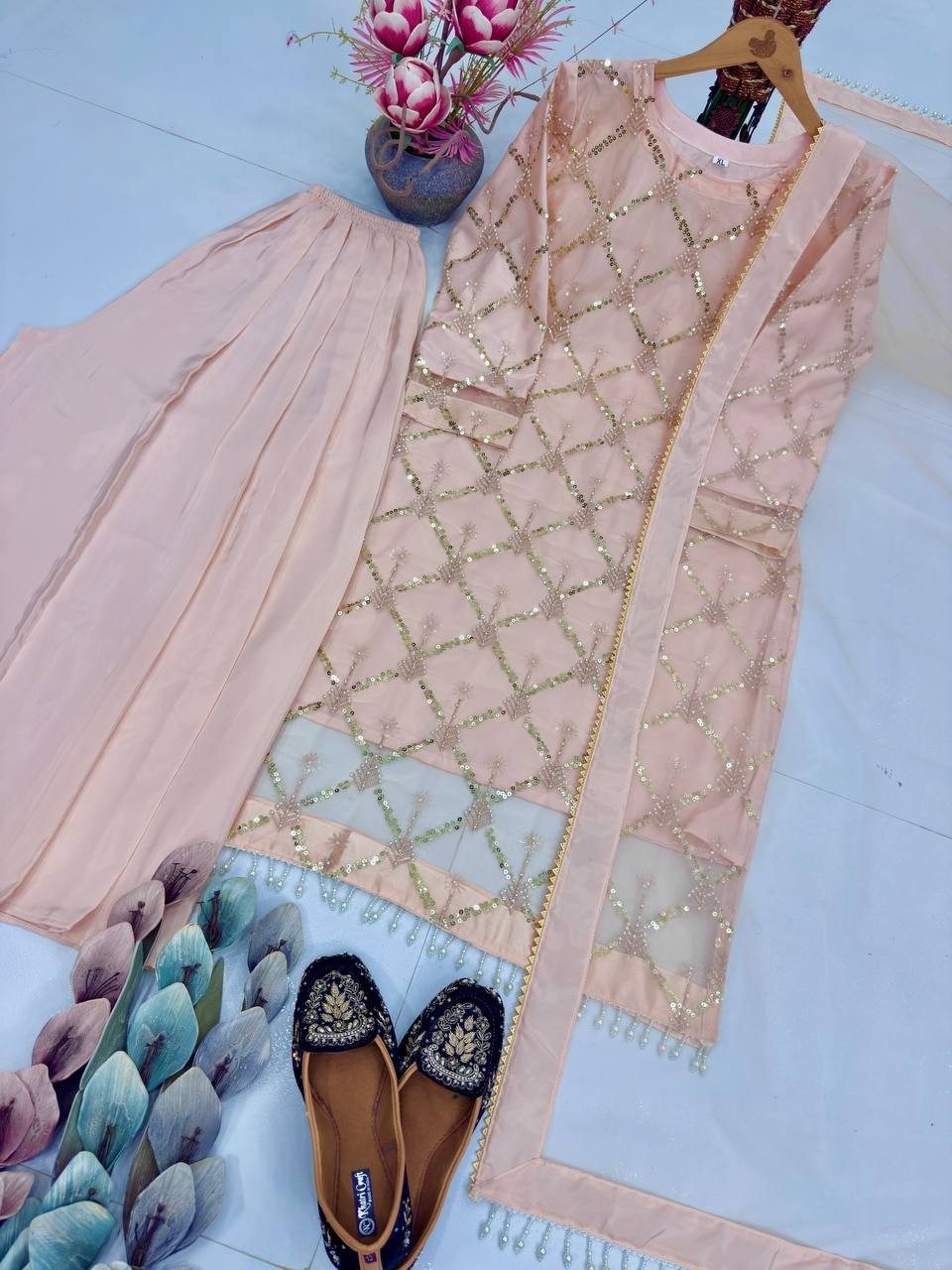 Designer Party Wear Soft Net Kurta Palazzo With Dupatta For Women