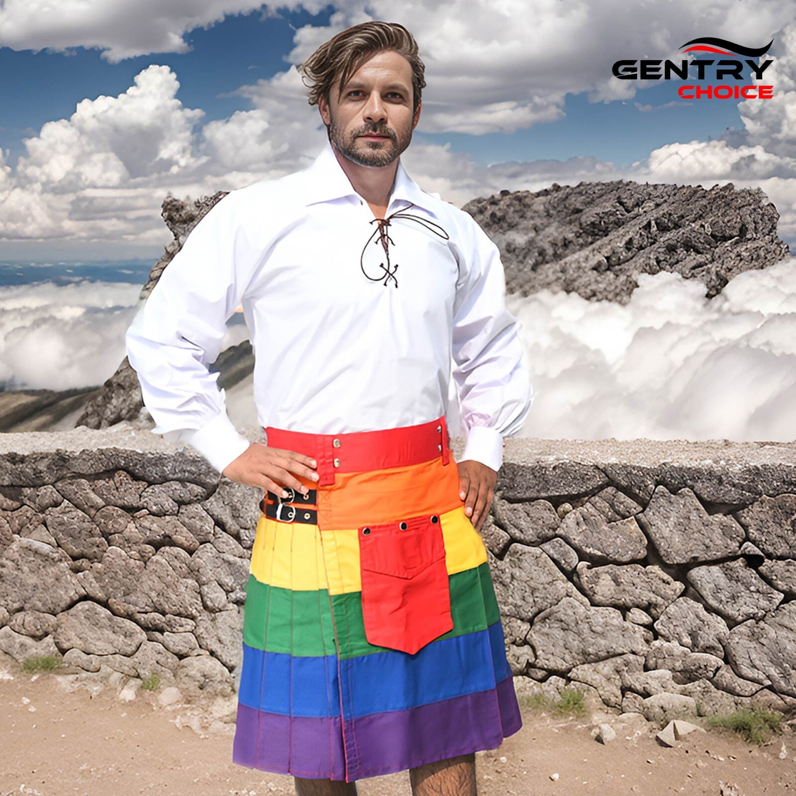Hybrid Cargo Kilt Rainbow Round Pleated Kilt Traditional Highlander Outfit