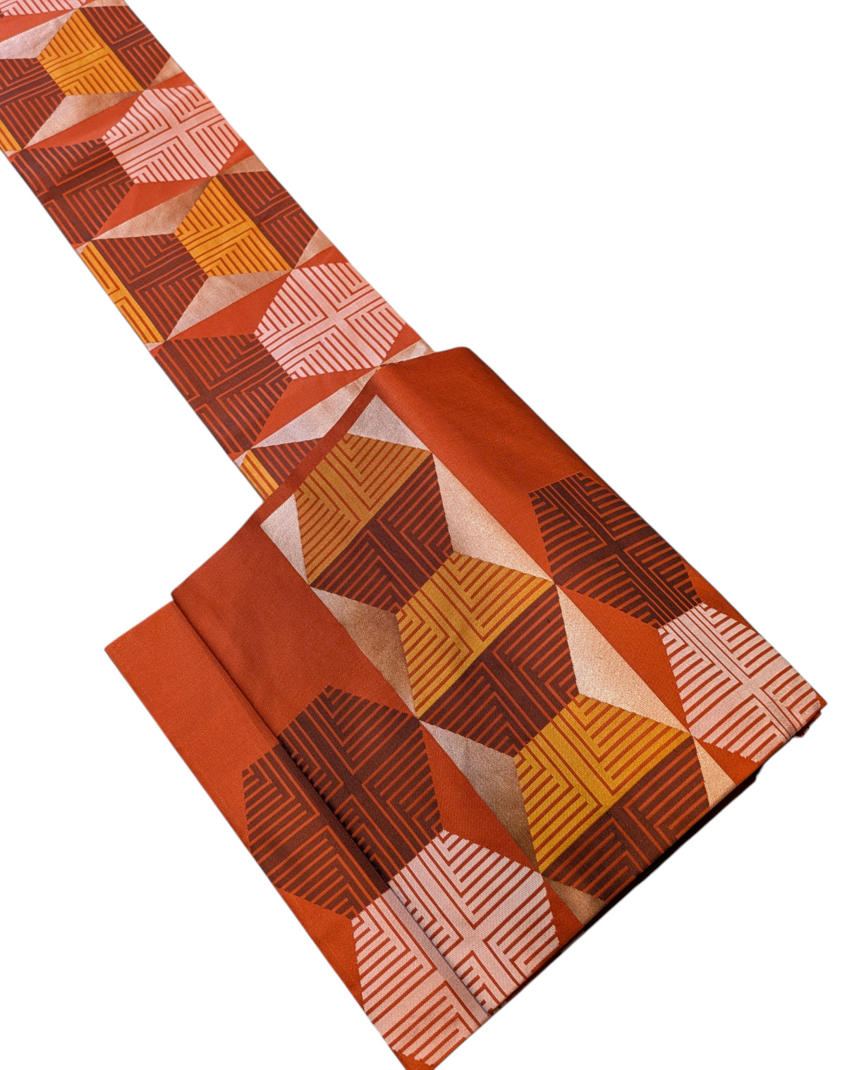 Vintage Japanese Kimono Silk Nagoya Obi Red Orange Geometric Hexagon Textile Art