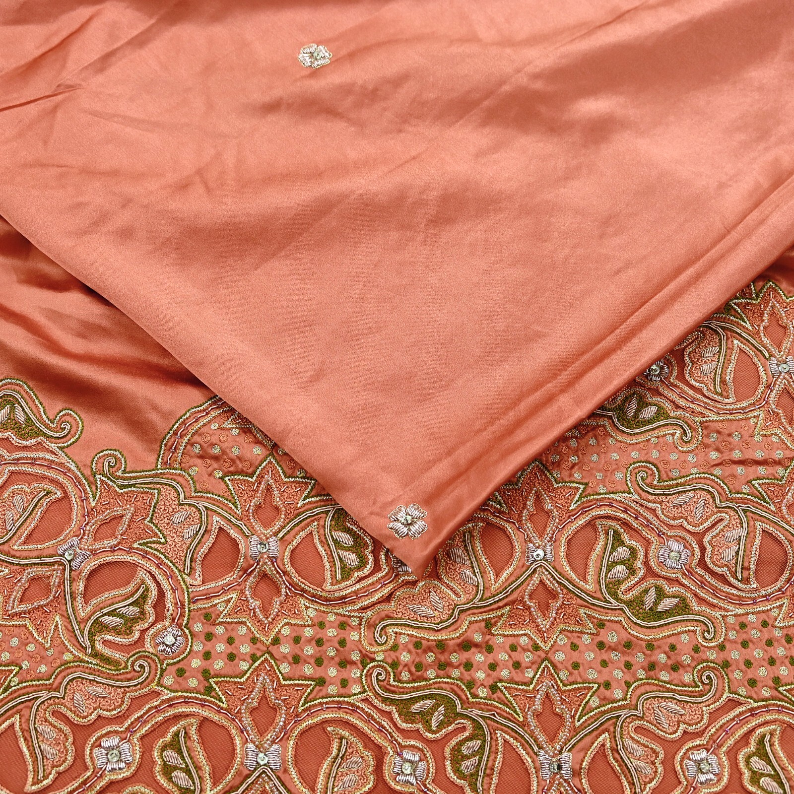 Vintage Heavy Peach Sari Hand Embroidered Saree Pure Satin Silk 5yd Ethnic Dabka
