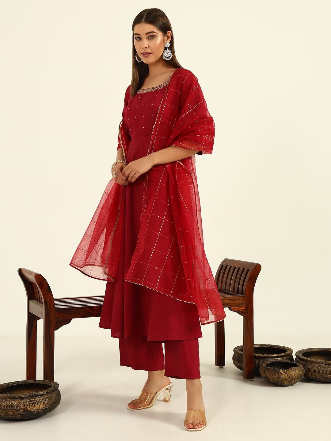 Women’s Maroon Viscose Chanderi A-line Kurta with Pant and Dupatta