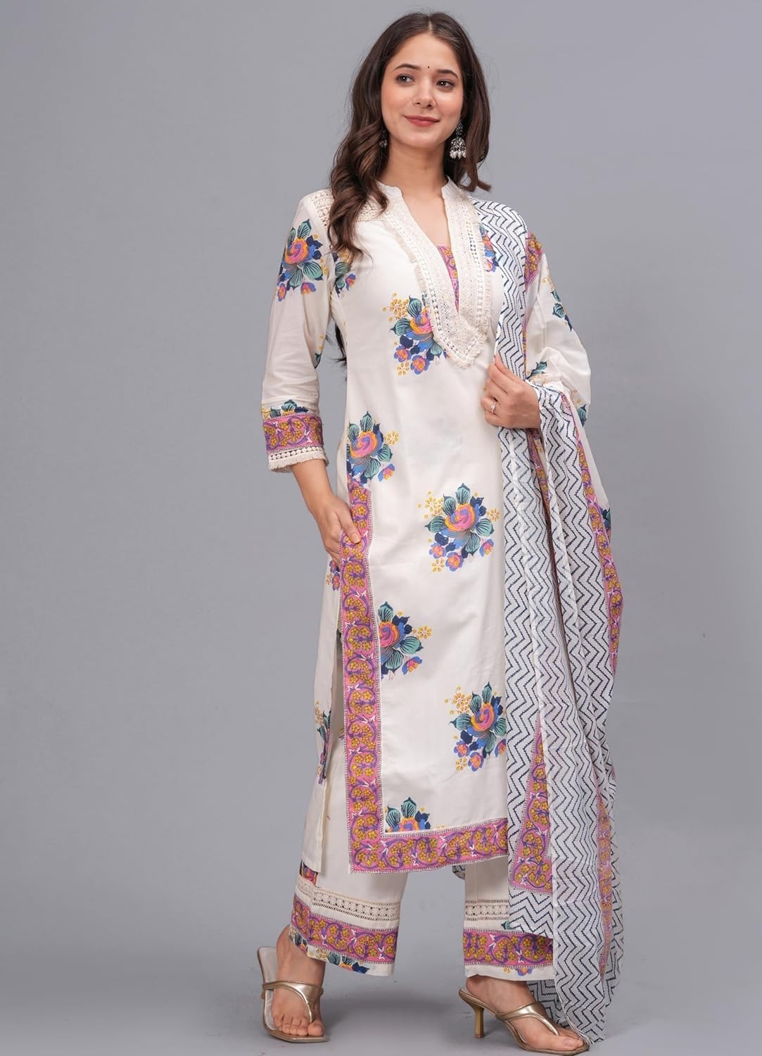 Women’s Pure Cotton Printed Straight Kurta Set with Palazzo Pants & Dupatta