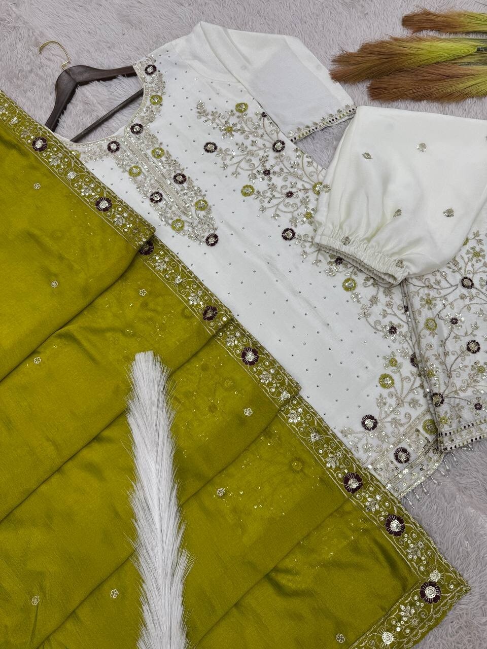 New Presenting Olive Green Chinon Silk Kurta Palazzo With Dupatta For Women