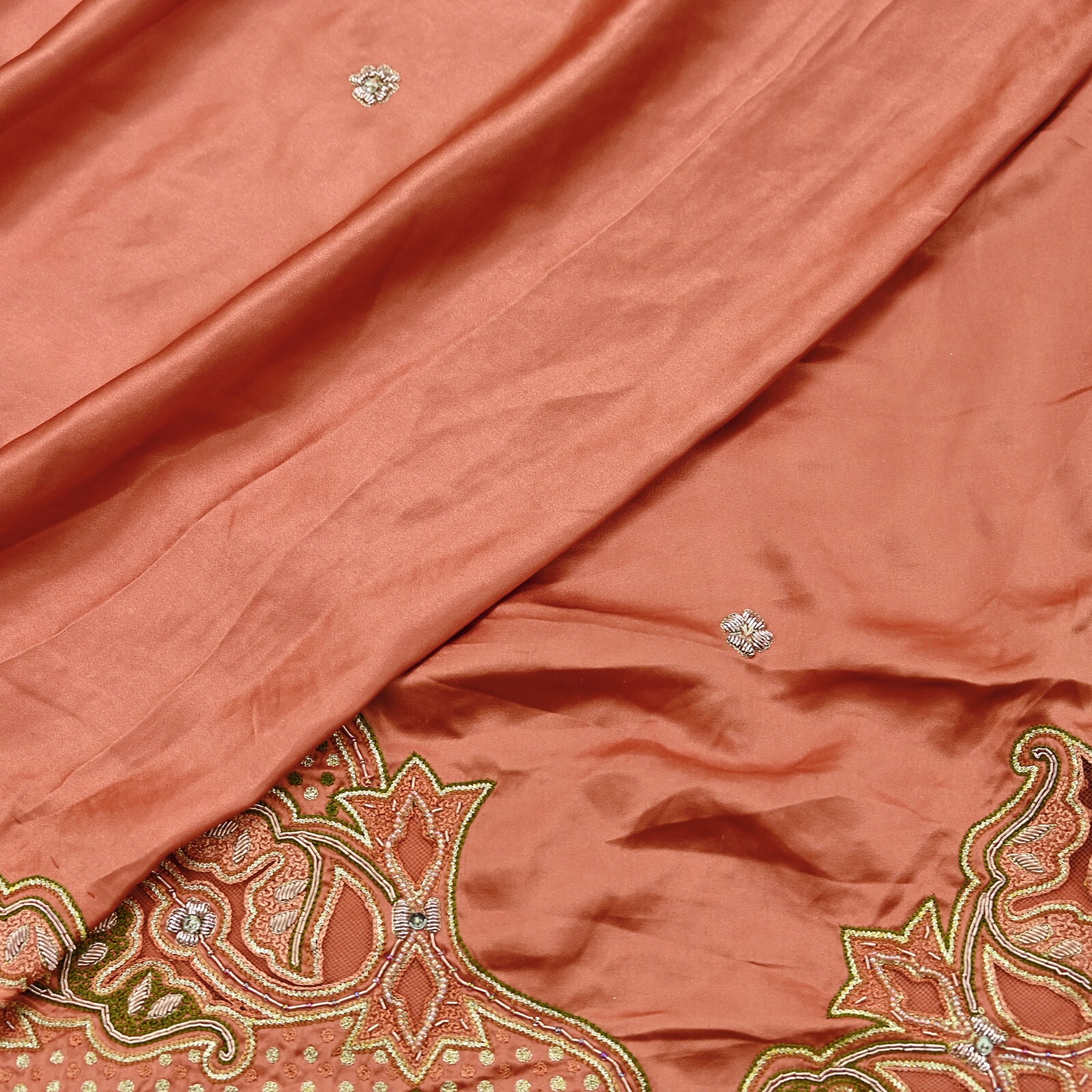 Vintage Heavy Peach Sari Hand Embroidered Saree Pure Satin Silk 5yd Ethnic Dabka