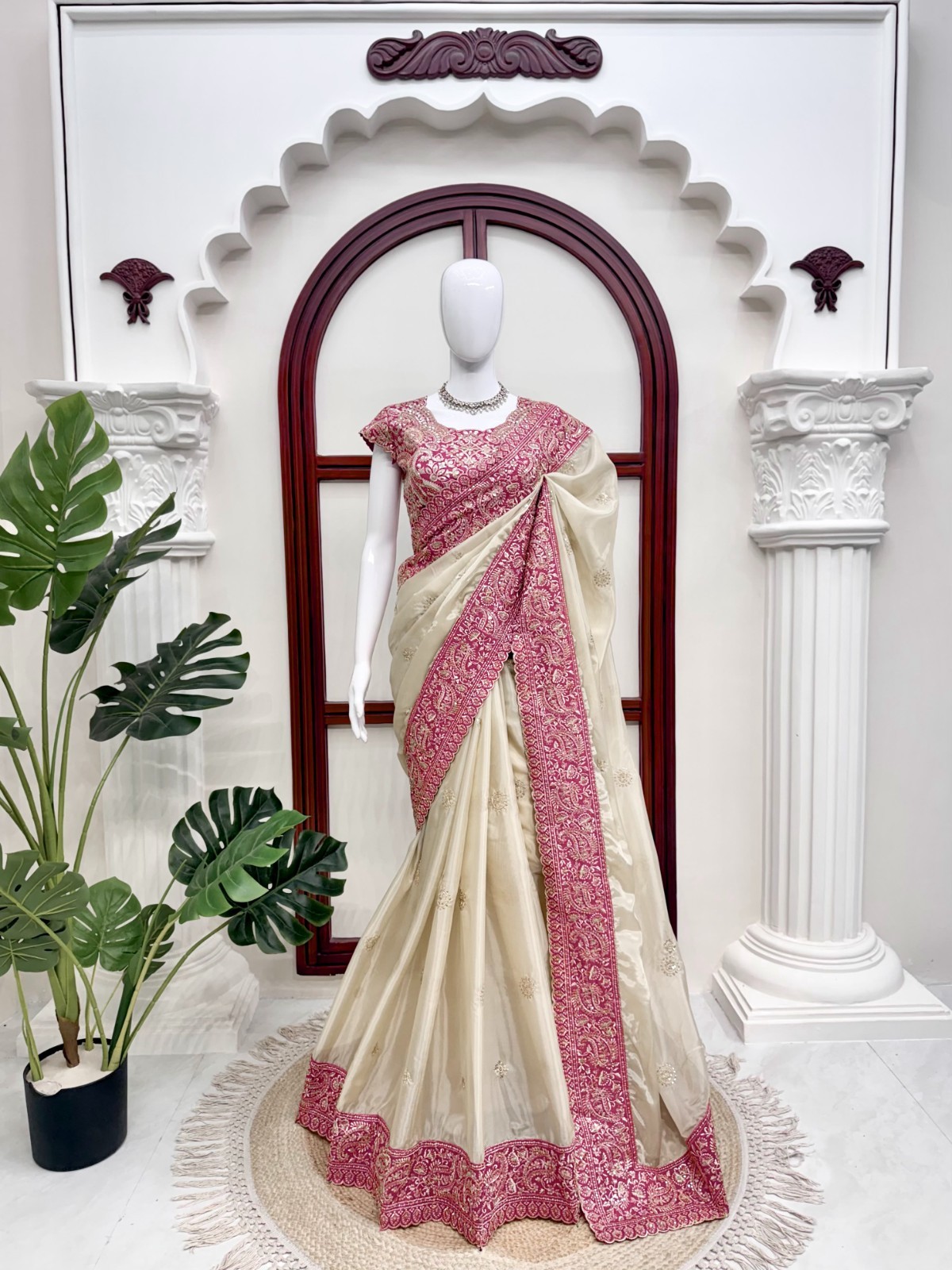 Indian Style Organza Silk Off White Saree With Blouse For Indian Wedding Wear