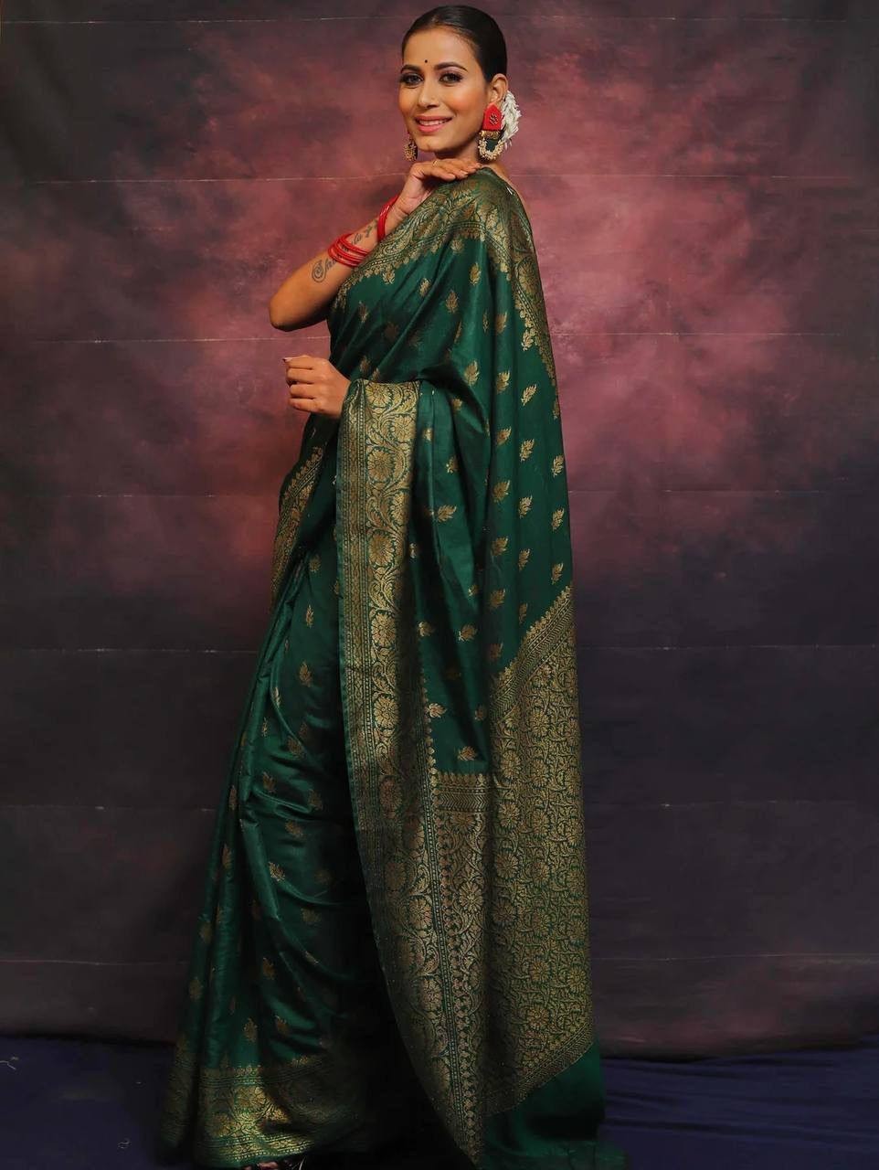 Wedding Wear Green Lichi Silk Saree with Golden Jacquard Pallu & Indian Blouse
