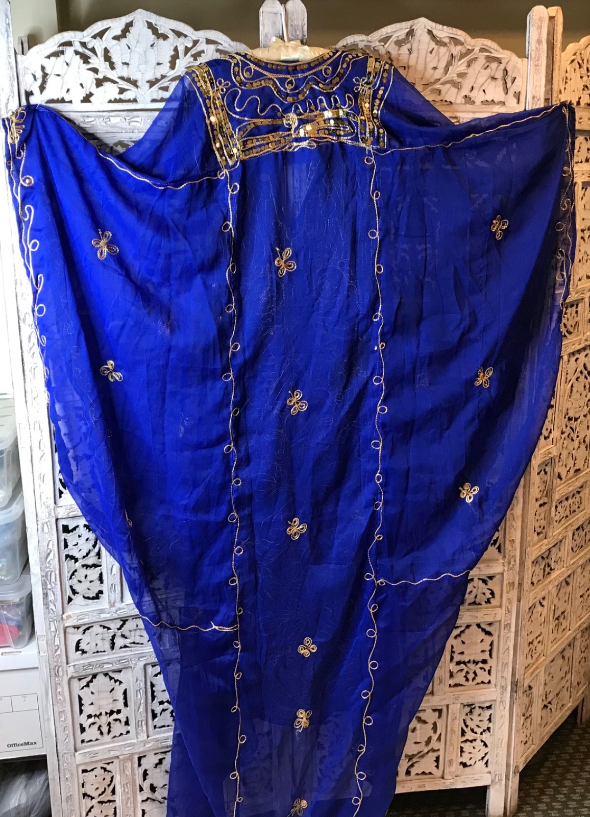 Kalieji caftan abaya belly dance dress royal blue chiffon gold tone sequins
