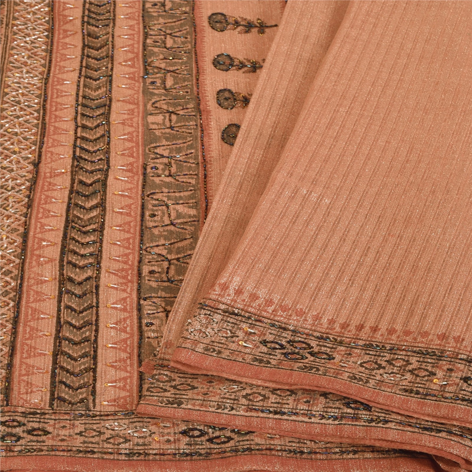 Sanskriti Vintage Pink Sarees Net Mesh Hand Beaded Printed Designer Sari Fabric
