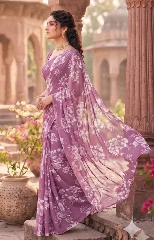 Lavender Floral Printed Saree Women Party Wear Designer Saree Soft